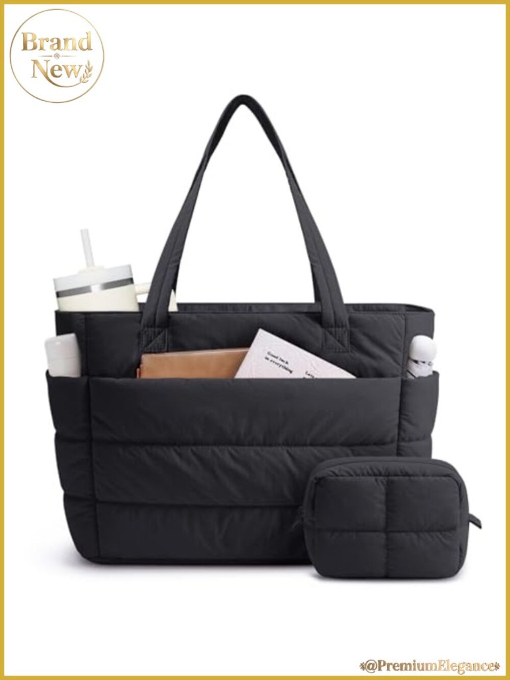 Nylon Puffer Tote Bag for Women, Quilted Work Nurse Teacher Tote, 15.6" Laptop